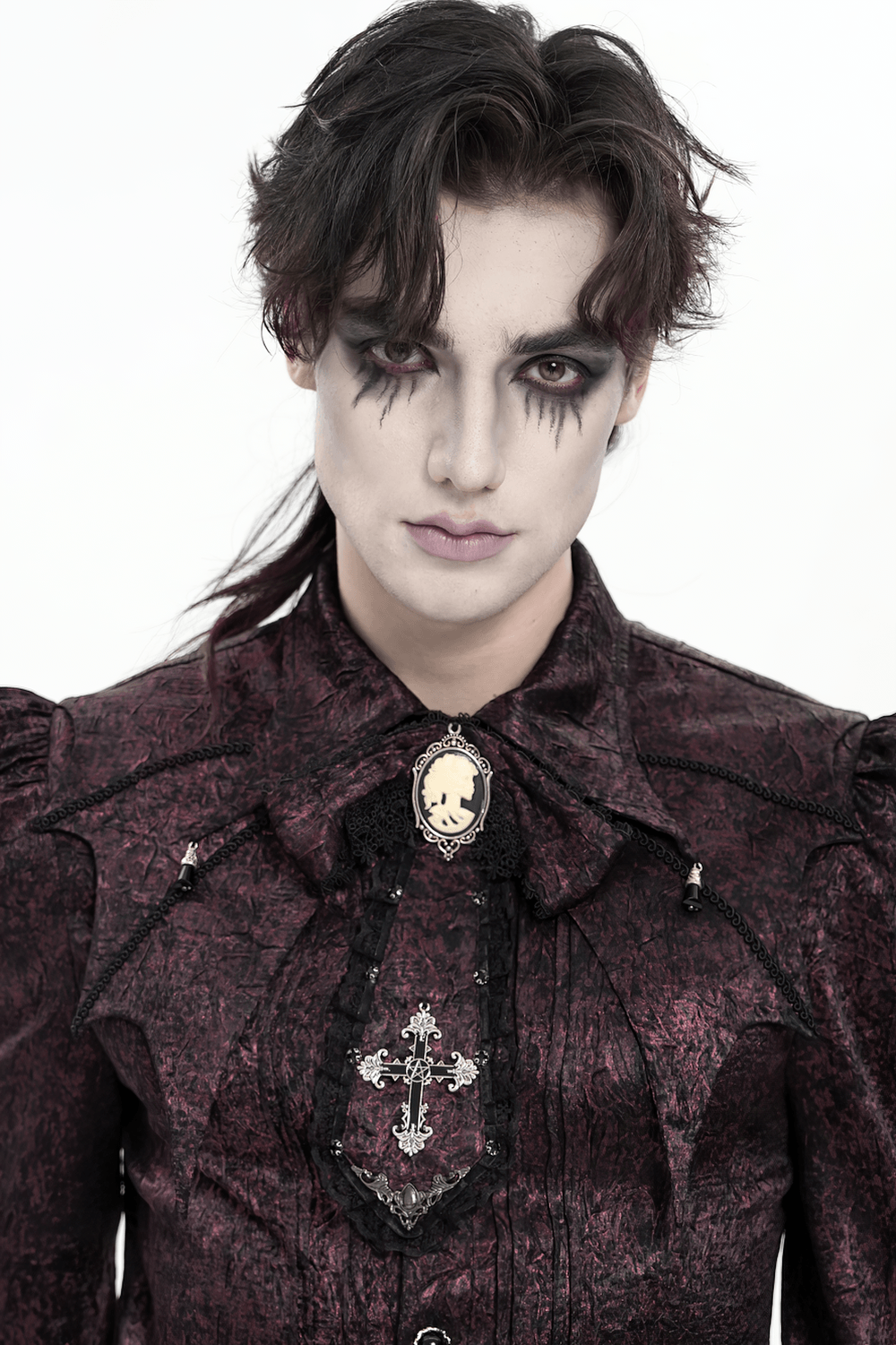 Elegant Gothic Cameo Cross Lace Cravat Neckwear worn by a model showcasing dark Victorian style.