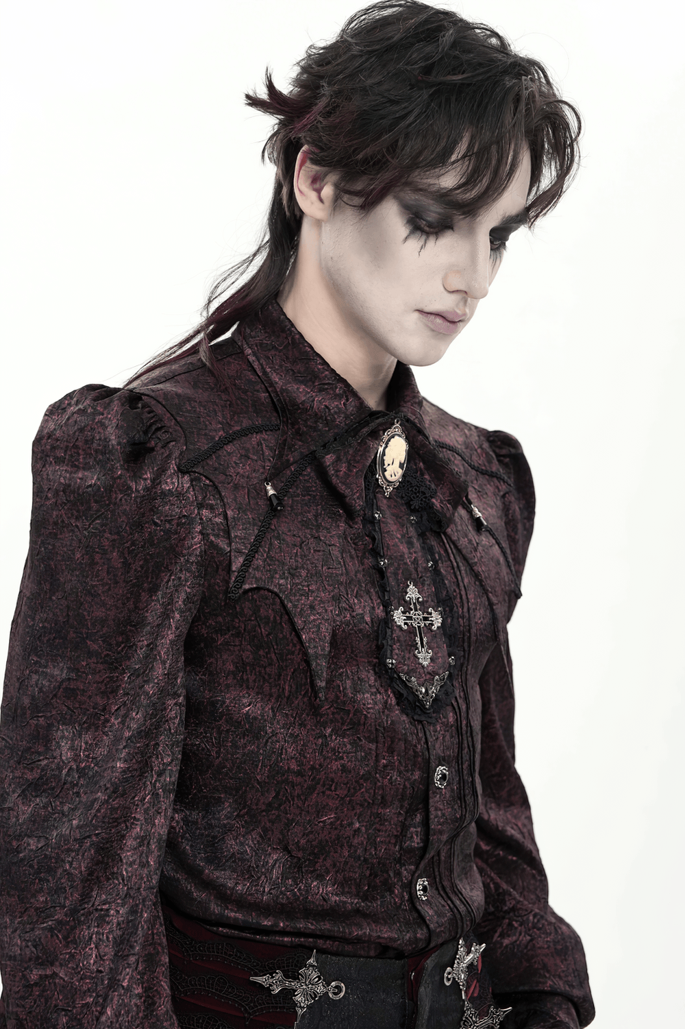 Elegant Gothic Cameo Cross Lace Cravat Neckwear worn by model in dark attire with a cameo brooch and ornate details.