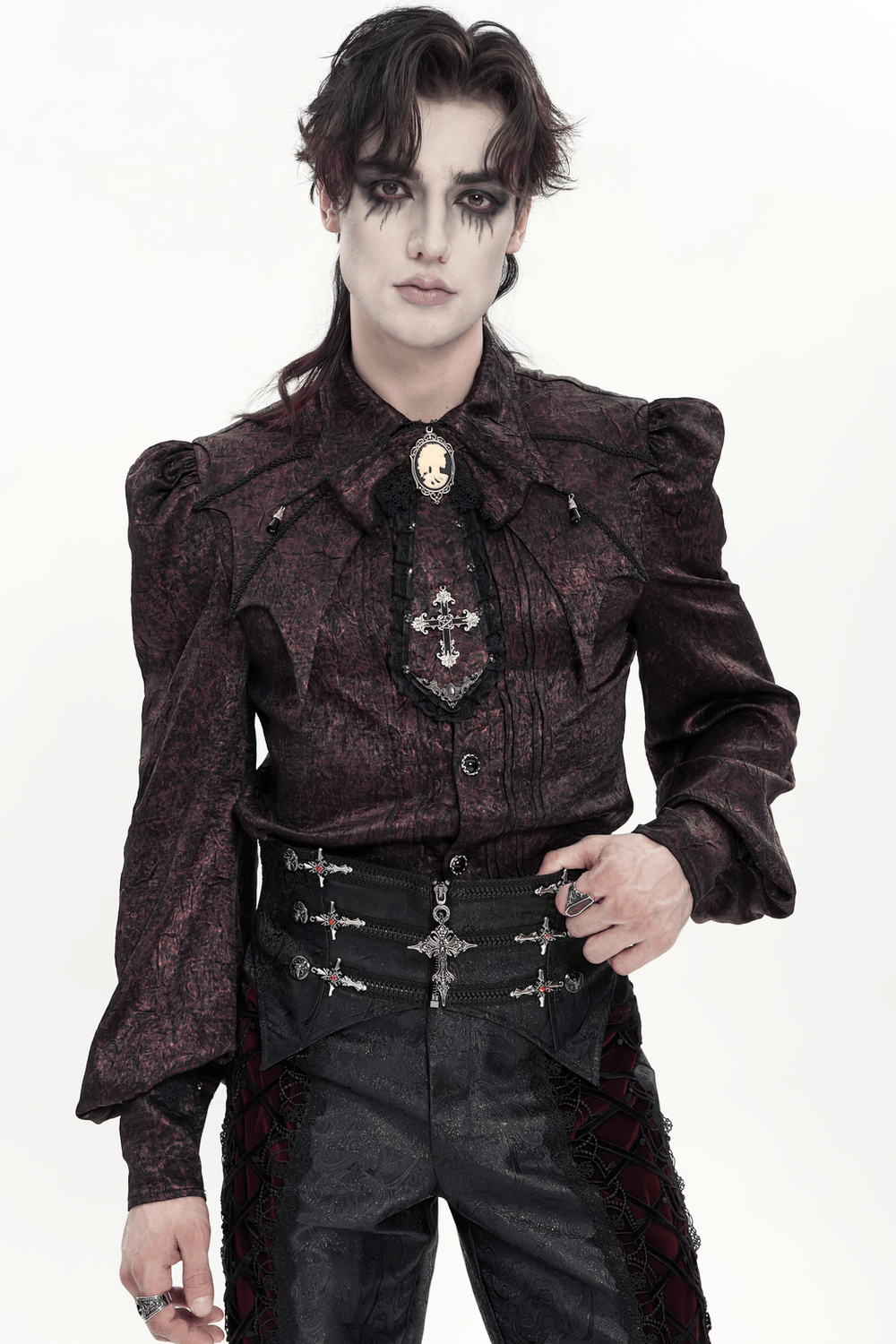 Elegant Gothic Cameo Cross Lace Cravat Neckwear worn by model with dramatic makeup and a stylish outfit.