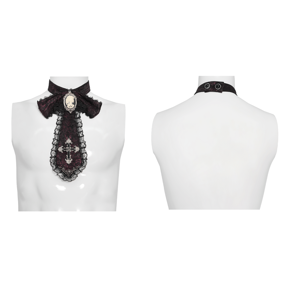 Elegant Gothic Cameo Cross Lace Cravat Neckwear featuring a cameo brooch, lace trim, and cross detail on a mannequin.