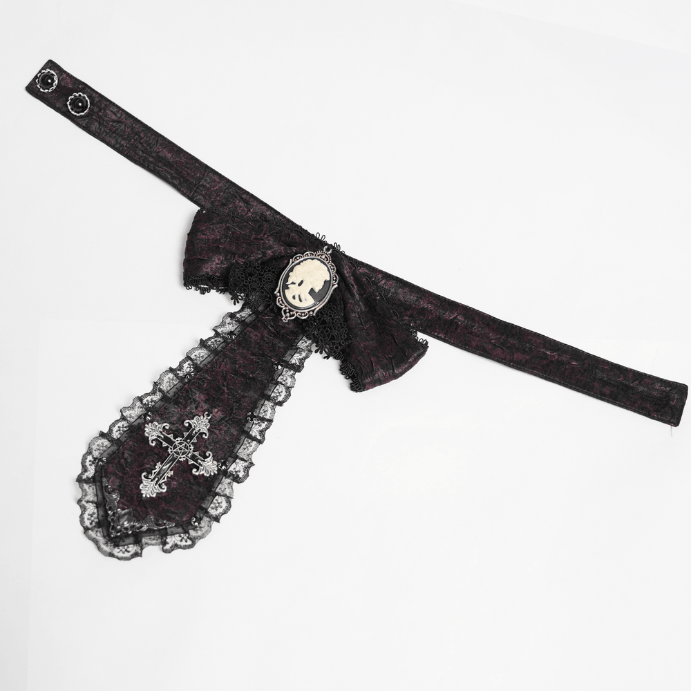 Elegant Gothic Cameo Cross Lace Cravat Neckwear with lace trim and ornate brooch details.