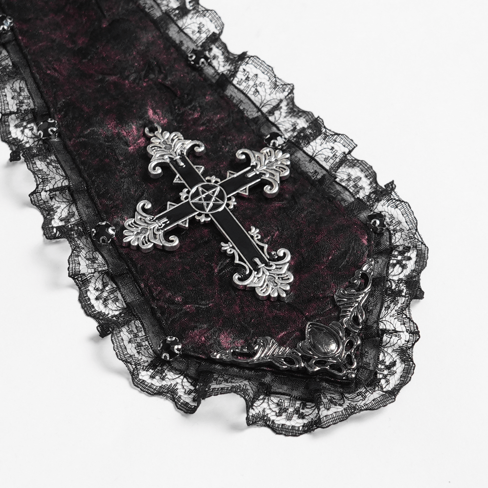 Elegant Gothic Cameo Cross Lace Cravat Neckwear featuring ornate cross, lace trim, and rich wine-black finish.