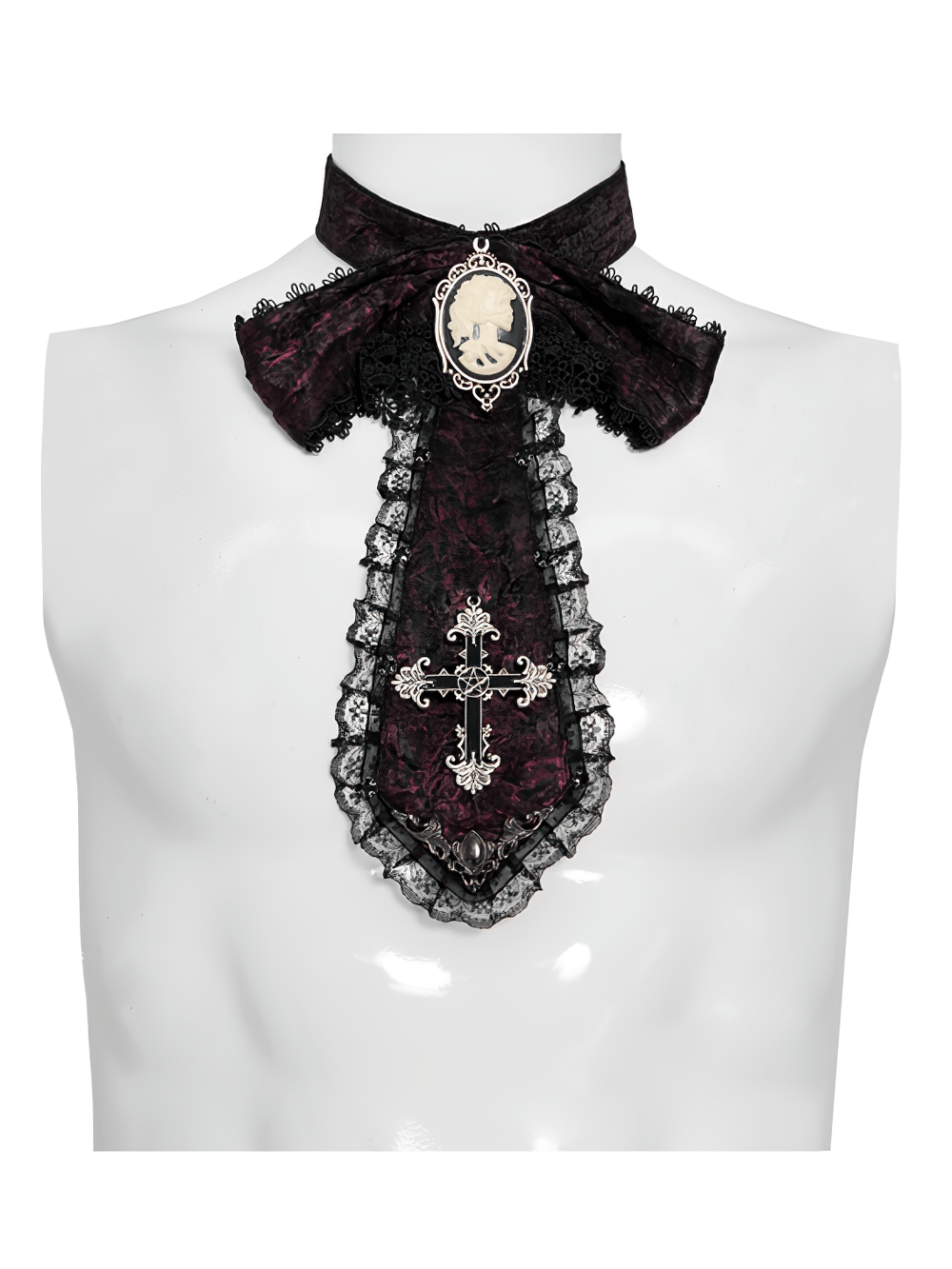 Elegant Gothic Cameo Cross Lace Cravat Neckwear displayed on a mannequin, featuring lace trim and a cameo brooch.