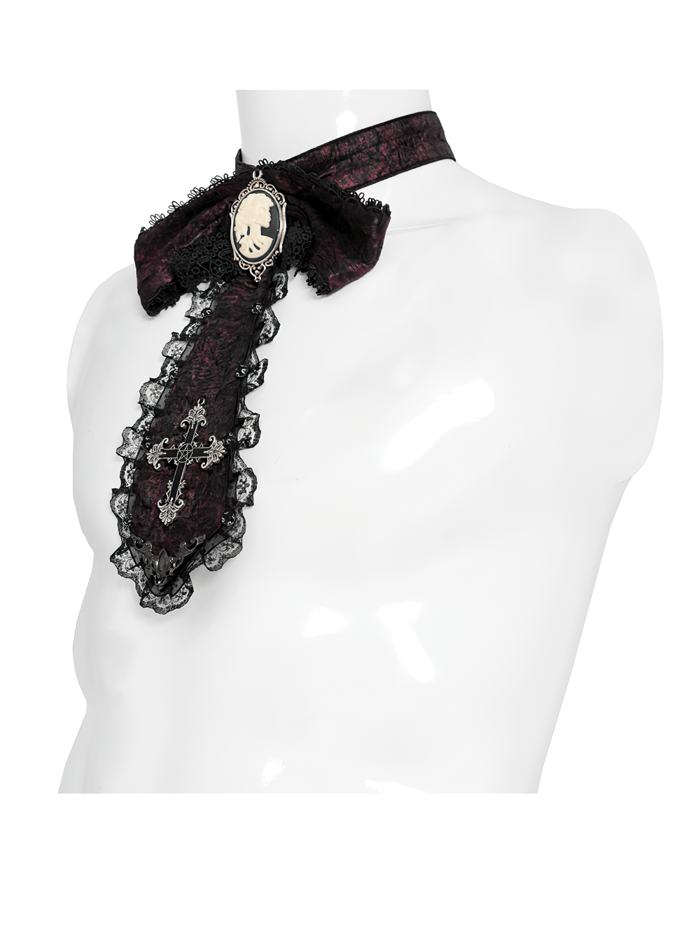Elegant Gothic Cameo Cross Lace Cravat Neckwear featured on a mannequin, showcasing a stunning design with lace trim and cameo brooch.