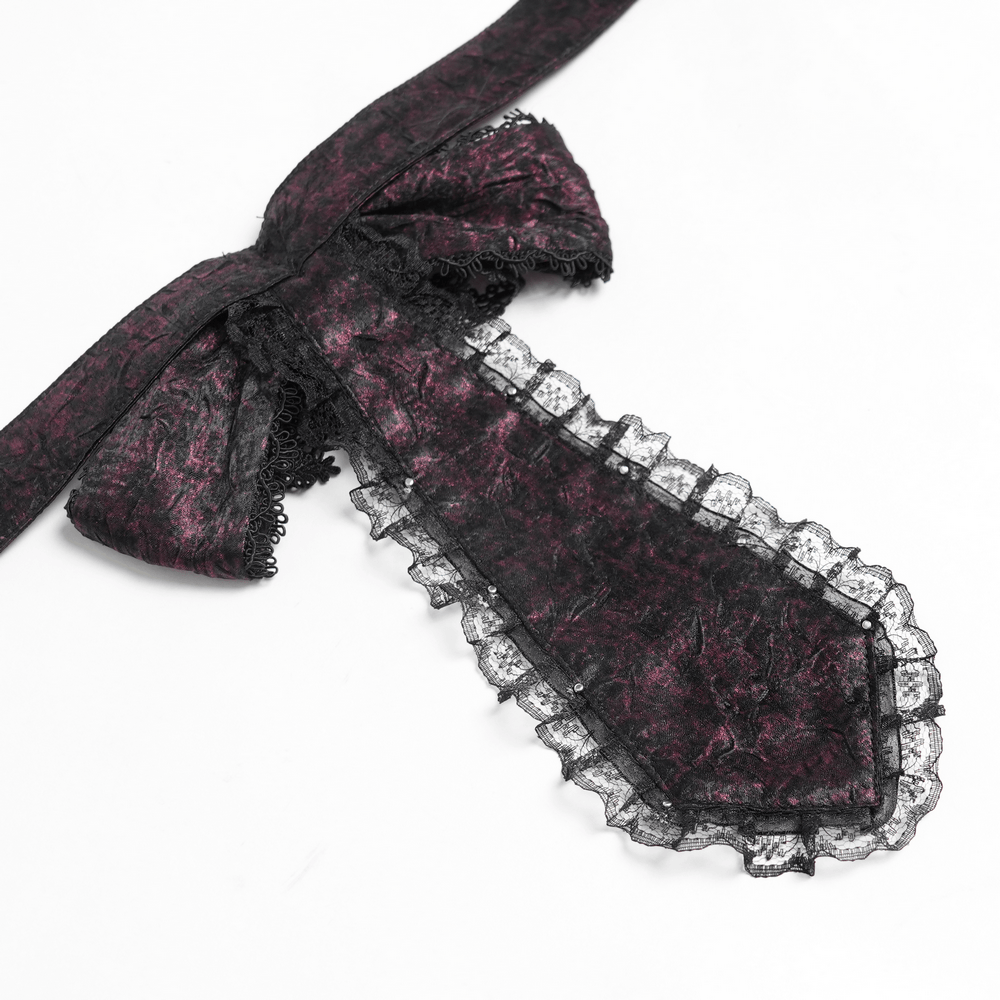 Elegant Gothic Cameo Cross Lace Cravat Neckwear with lace trim and rich wine-black finish.