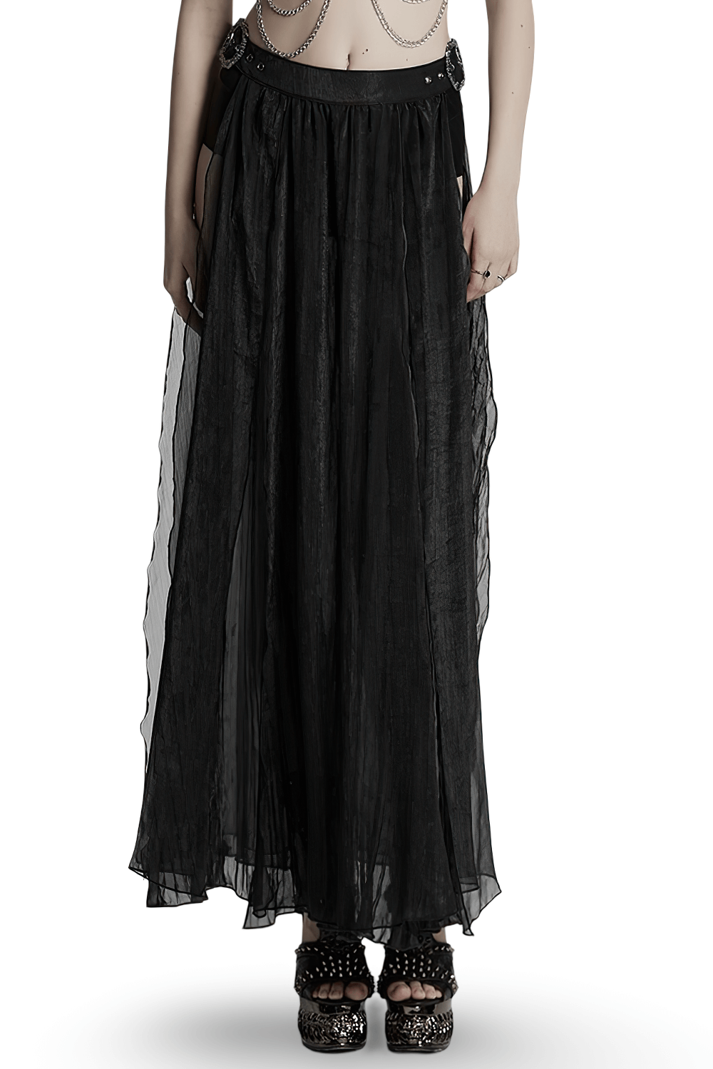 Elegant Gothic black chiffon skirt featuring lace and pleated details, perfect for a stylish, edgy look.