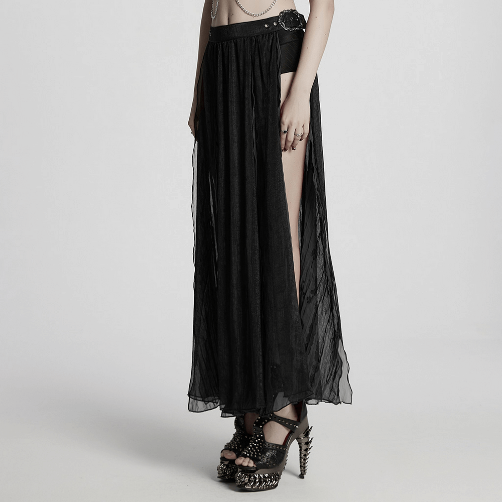 Elegant gothic chiffon skirt featuring lace and pleated details, perfect for a stylish, edgy look.