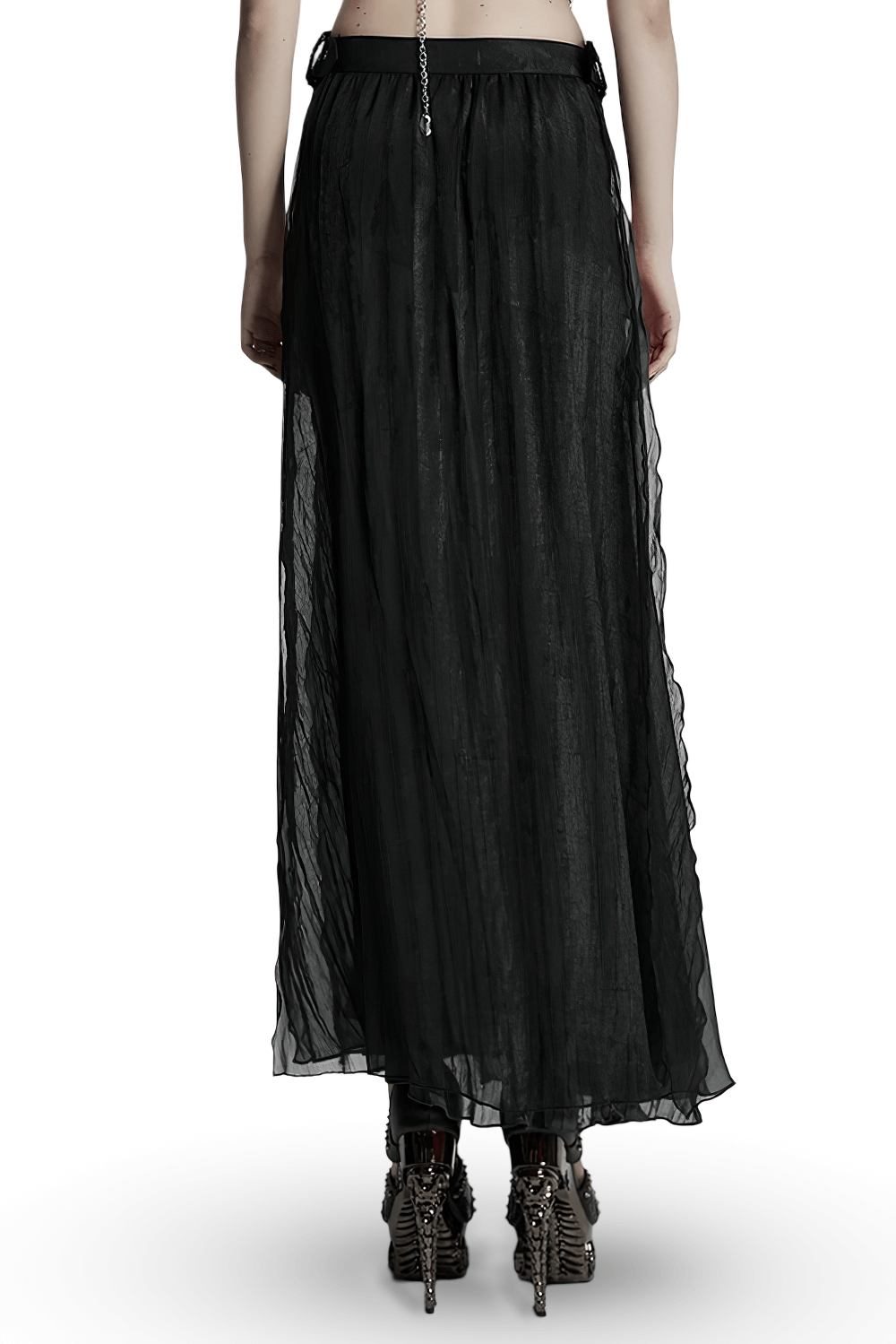 Elegant black chiffon skirt featuring lace and pleated details, showcased from the back for a stylish gothic look.