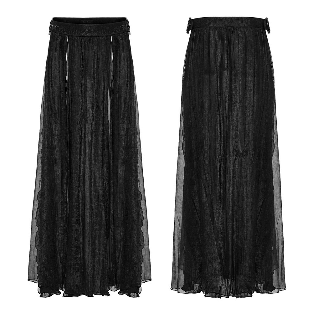 Elegant Gothic chiffon skirt featuring pleated details and lace, perfect for a stylish gothic look.