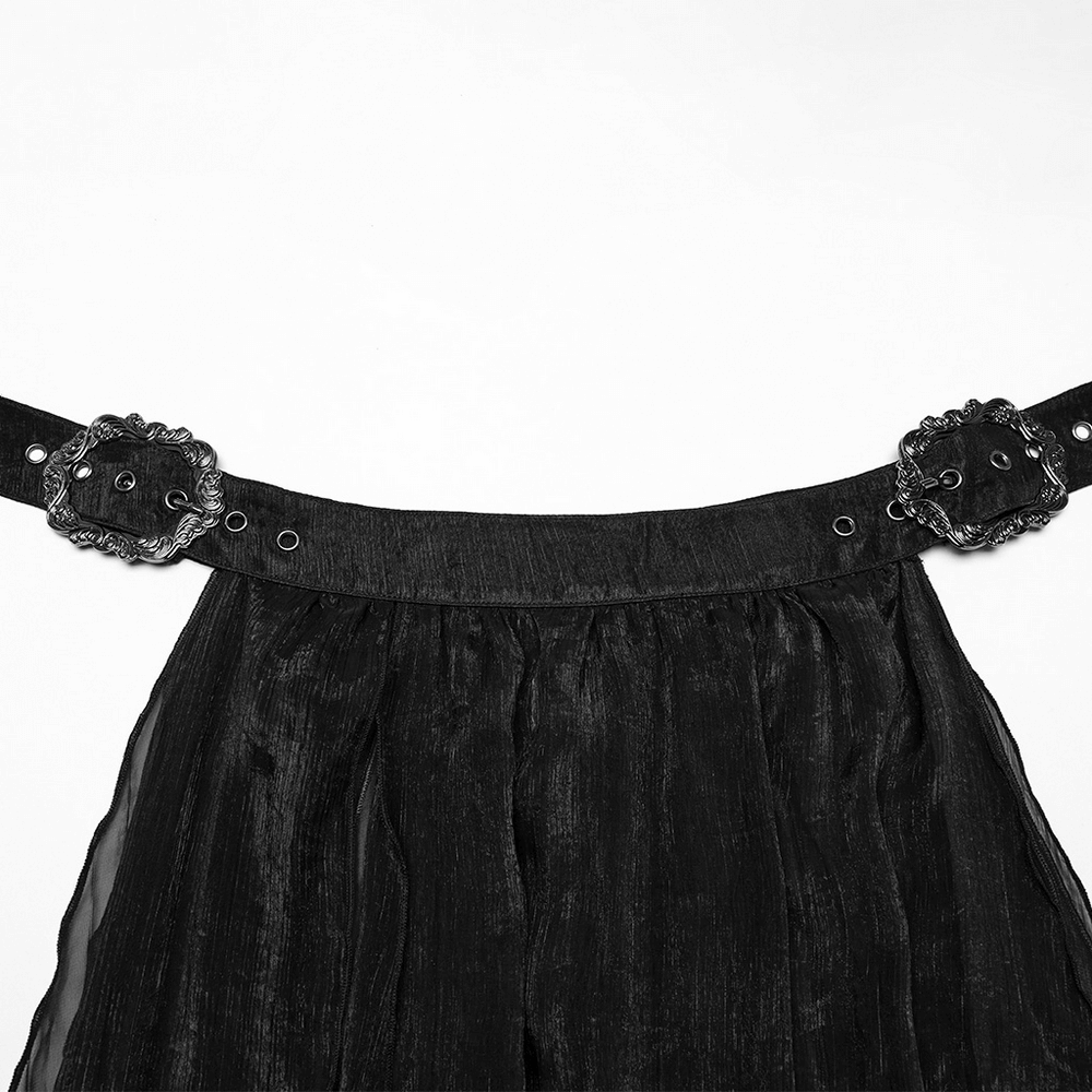 Elegant Gothic chiffon skirt waist with intricate lace and pleated details, featuring ornate silver buckle accents.