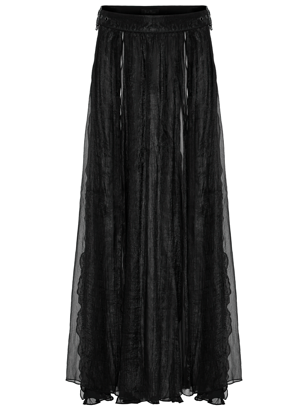 Elegant black gothic chiffon skirt featuring lace and pleated details, perfect for a stylish, dramatic look.
