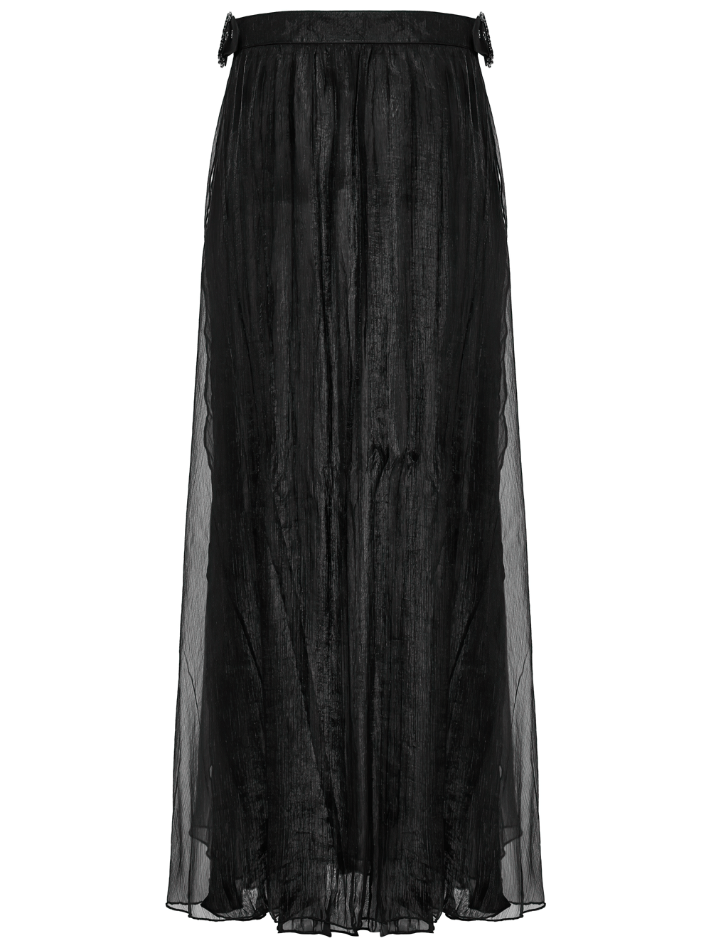 Elegant black chiffon skirt with lace and pleated details, perfect for a gothic-inspired outfit.