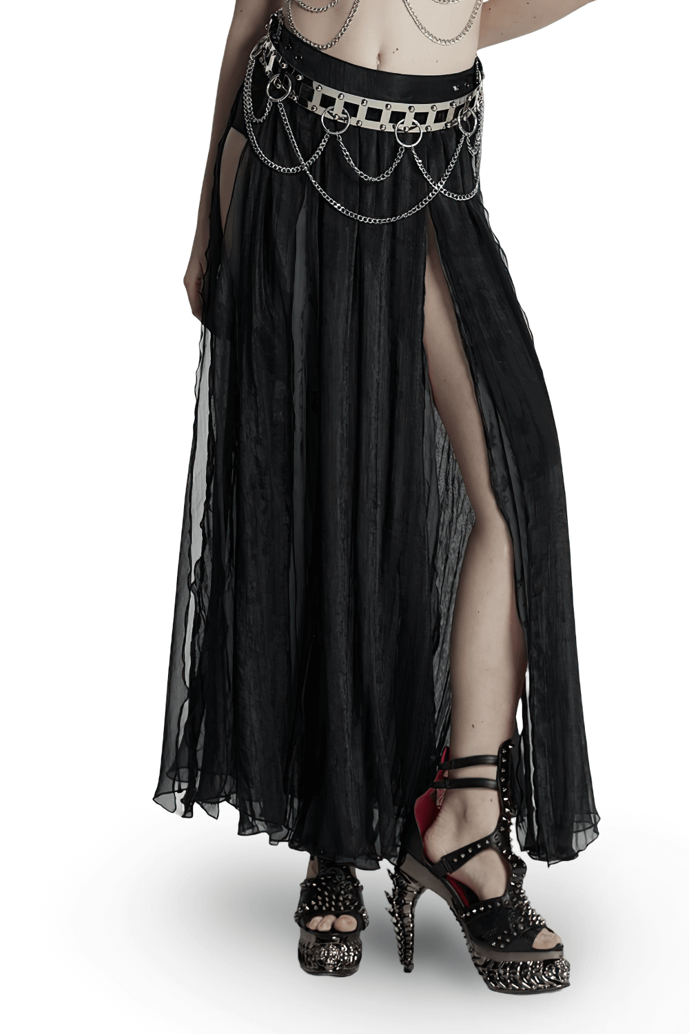 Elegant black chiffon skirt with lace, pleated details, and edgy chain belt for a gothic look.