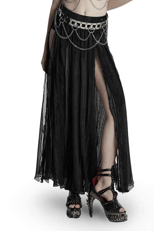 Elegant Gothic Chiffon Skirt with Lace and Pleated Details
