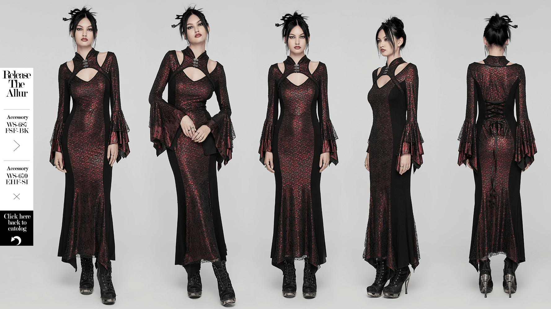 Elegant gothic Chinese-inspired burgundy maxi dress with V-neck and flared sleeves.