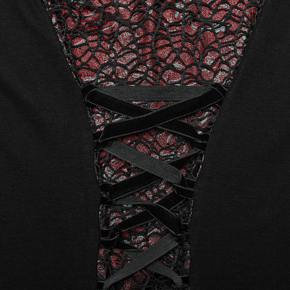 Close-up of elegant gothic lace detailing on a burgundy maxi dress with textured V-neck and lace-up accents.