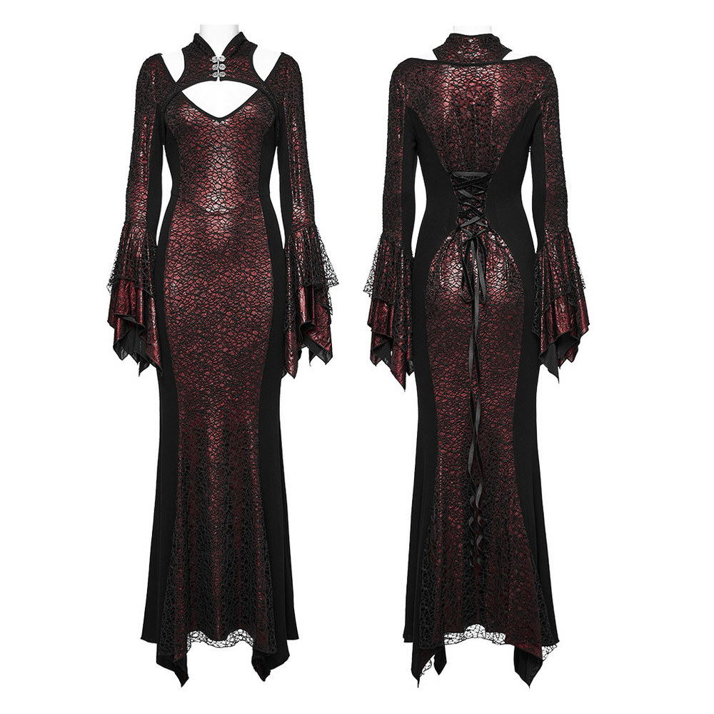 Elegant Gothic Chinese-inspired burgundy maxi dress with V-neck, stand collar, and flared sleeves.