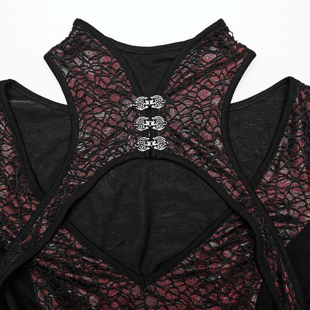 Elegant Gothic Chinese-inspired burgundy dress back detail with lace and stylish clasp design.