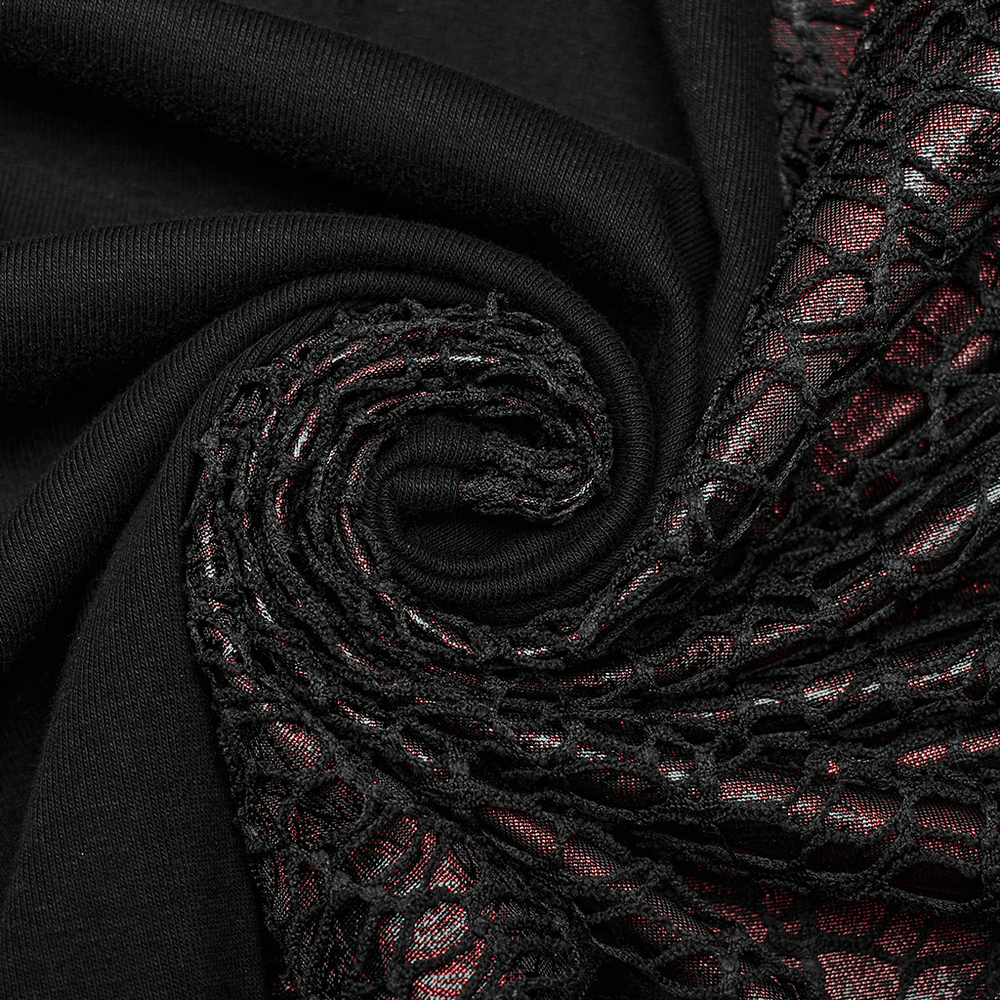 Close-up of intricate black and burgundy fabric showcasing mesh and solid knitted textures for a gothic look.