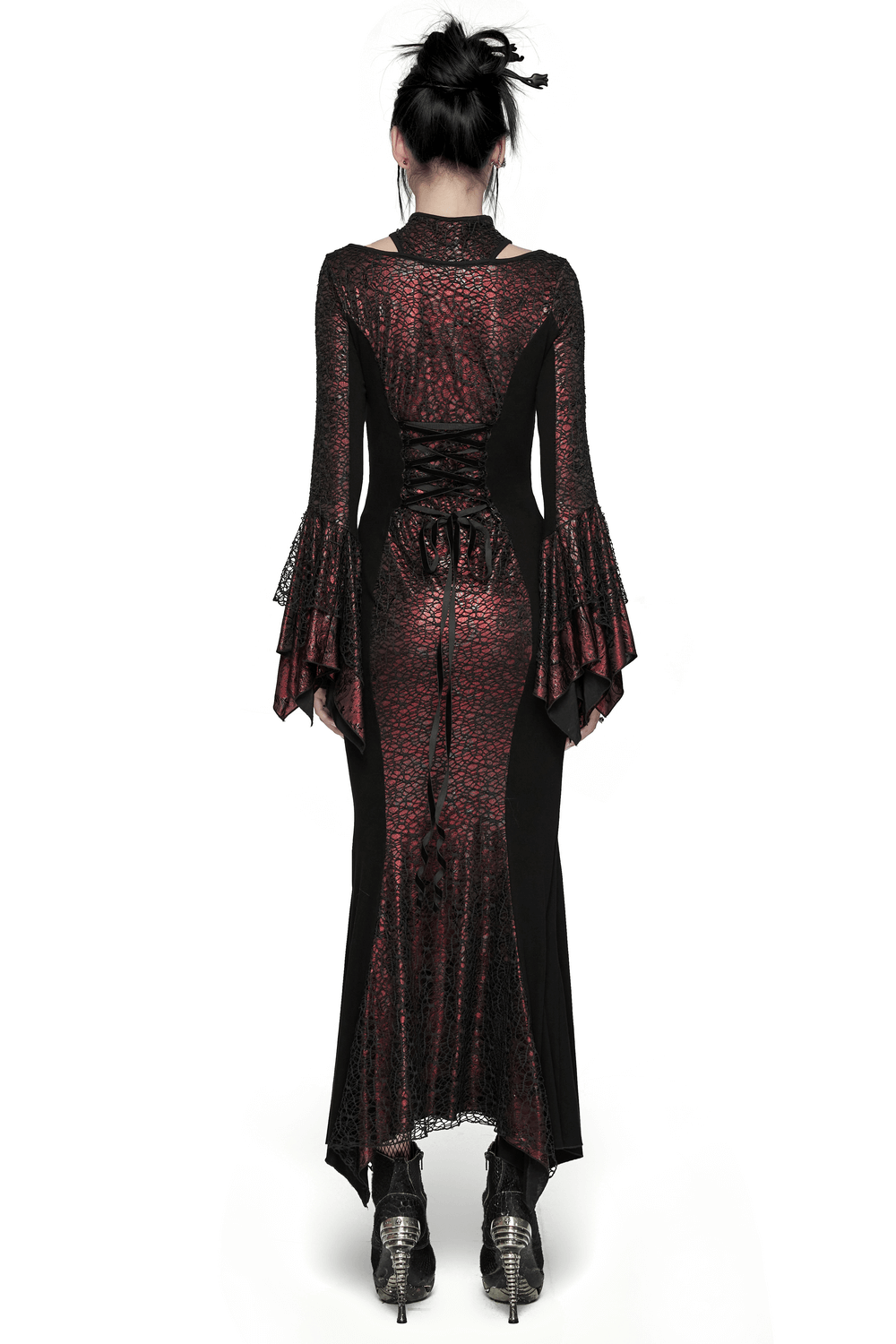 Back view of an elegant gothic Chinese-inspired burgundy maxi dress with lace flared sleeves and a stylish silhouette.