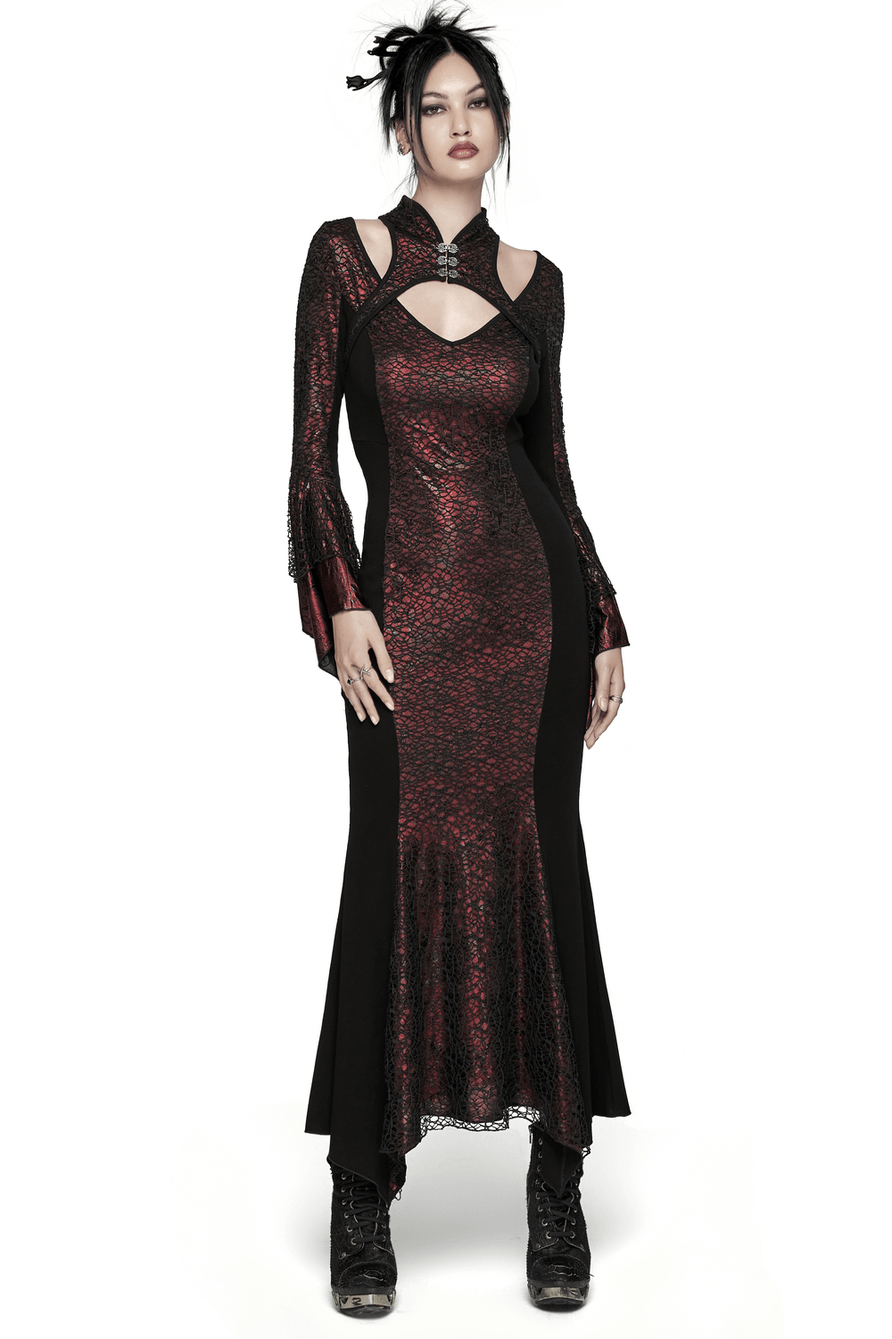Elegant Gothic Chinese-inspired burgundy maxi dress with V-neck and mesh accents, perfect for trendy occasions.