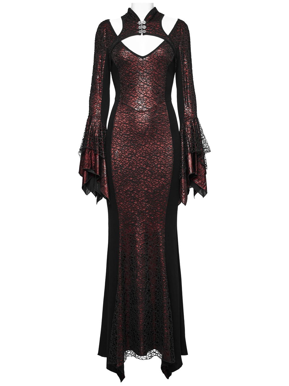 Elegant Gothic Chinese-inspired burgundy maxi dress with lace bell sleeves and cutout details.