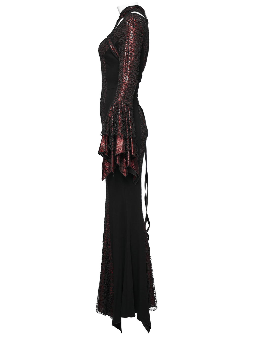 Elegant Gothic Chinese-inspired burgundy maxi dress with textured mesh and solid knitted accents.
