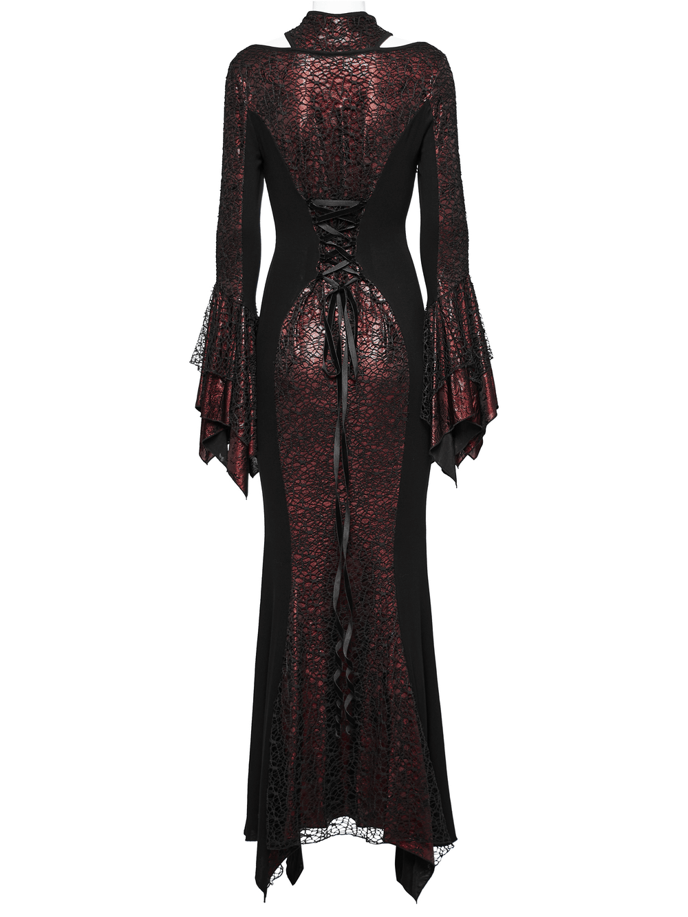 Elegant Gothic Chinese-inspired burgundy maxi dress featuring lace and bell sleeves for a dramatic look.