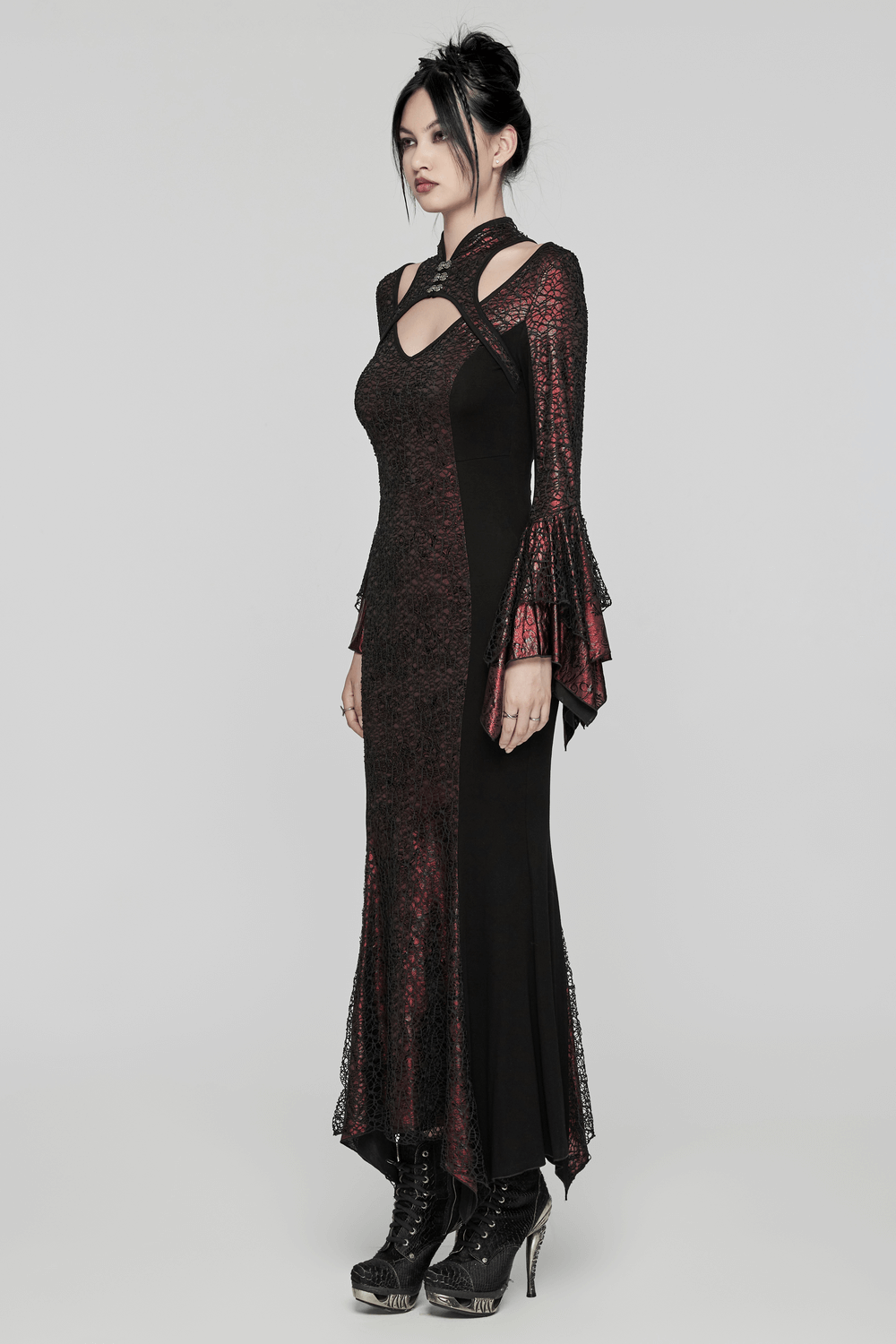 Elegant gothic Chinese-inspired burgundy maxi dress with V-neck and flared cuffs, perfect for trendy gothic fashion.