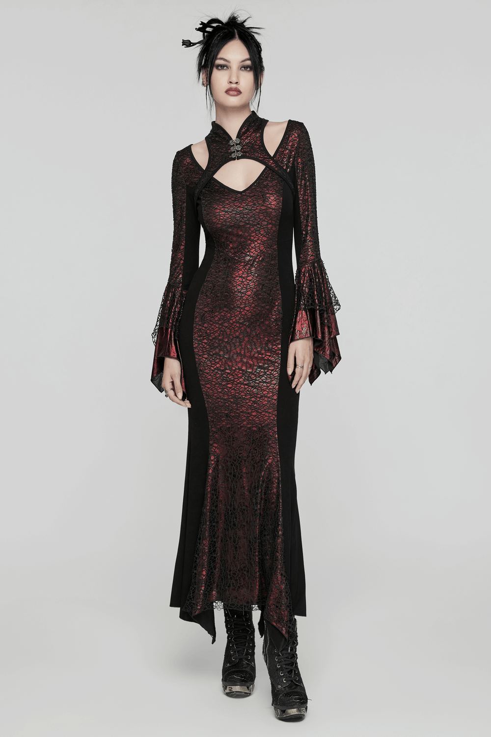 Elegant Gothic Chinese-inspired burgundy maxi dress with large V-neck and square cuffs.