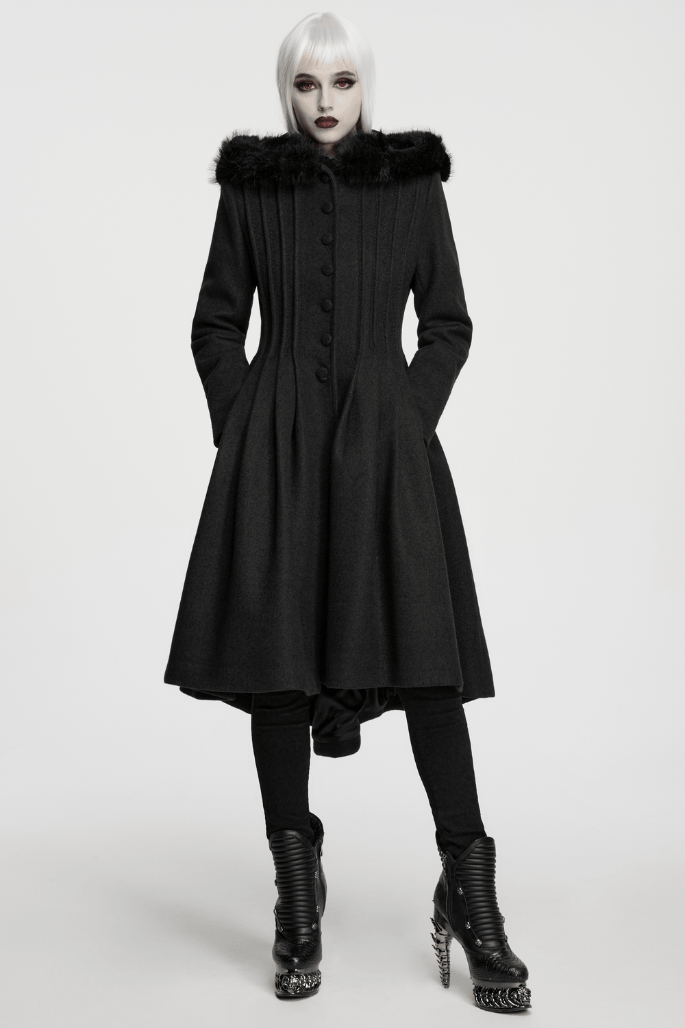 Elegant Gothic Coat with Fur Hood and Lace-Up Back, showcasing its stylish design and elegant fit.