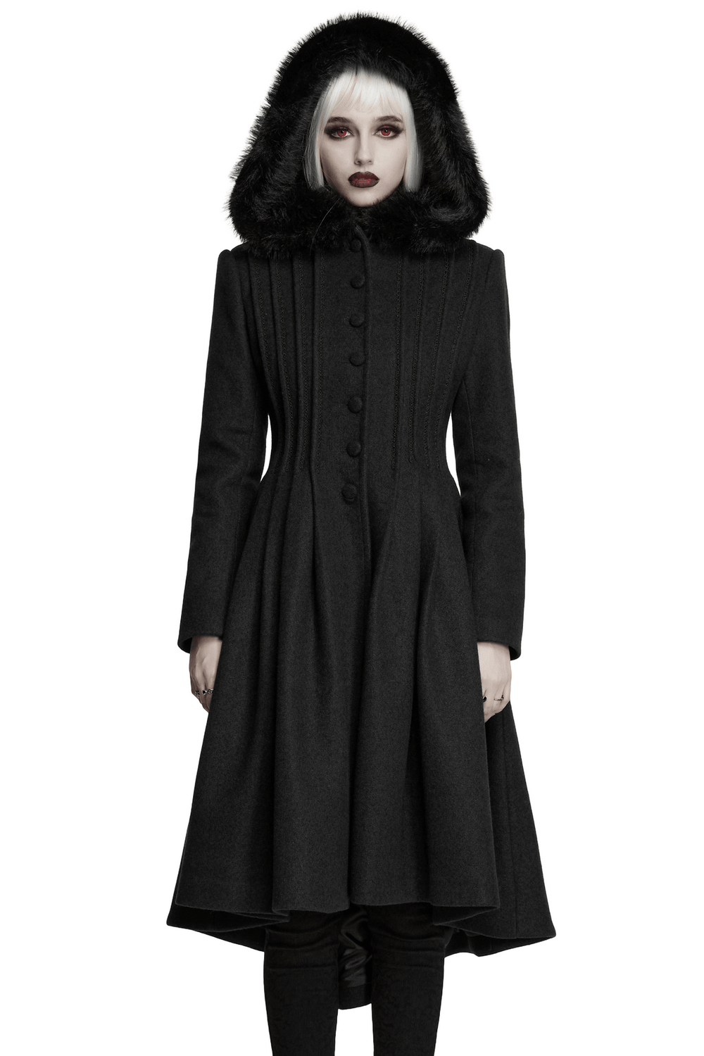 Elegant Gothic Coat with Fur Hood and Lace-Up Back worn by a model in a stylish setting.