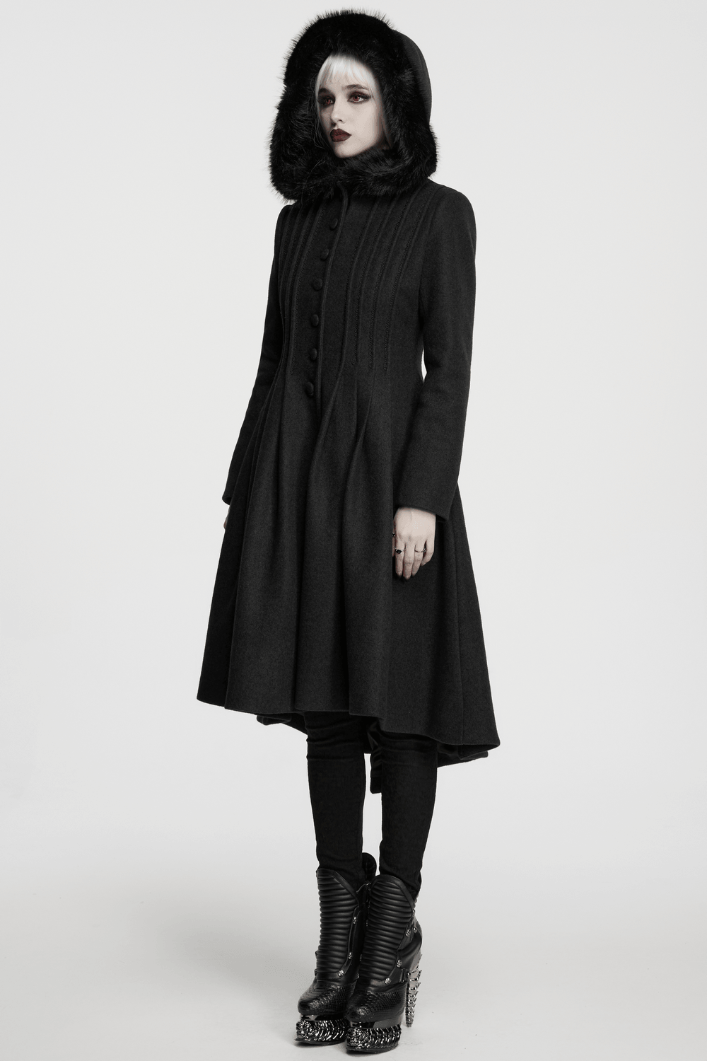 Elegant Gothic Coat with Fur Hood and Lace-Up Back displayed on a model, showcasing its stylish design.
