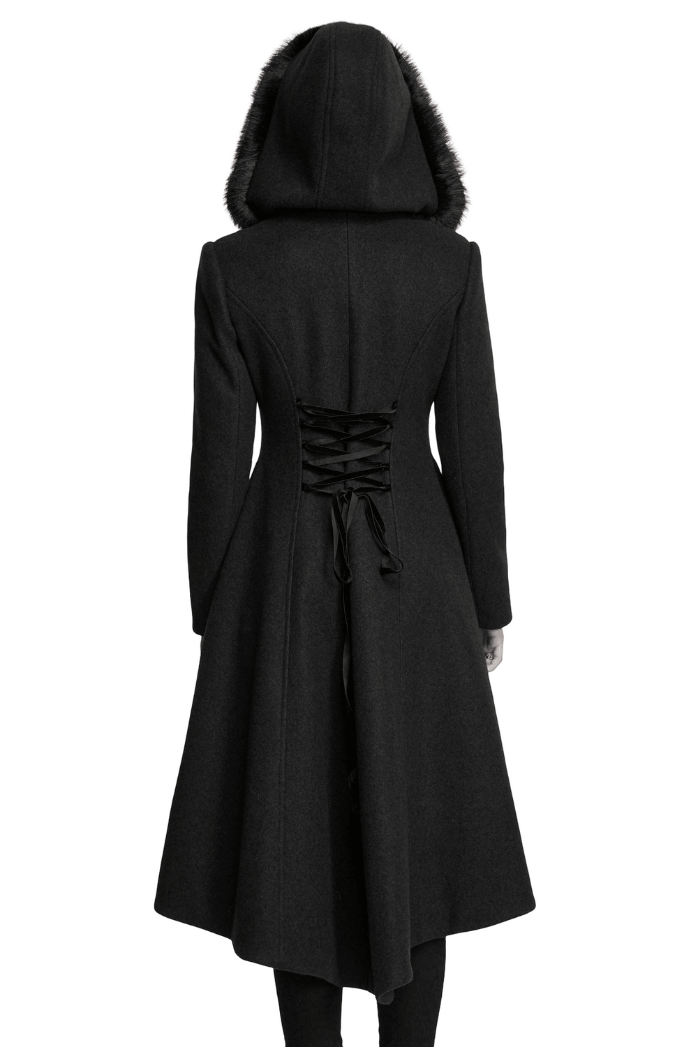 Elegant Gothic Coat with Fur Hood and Lace-Up Back showcasing the beautifully designed back view.