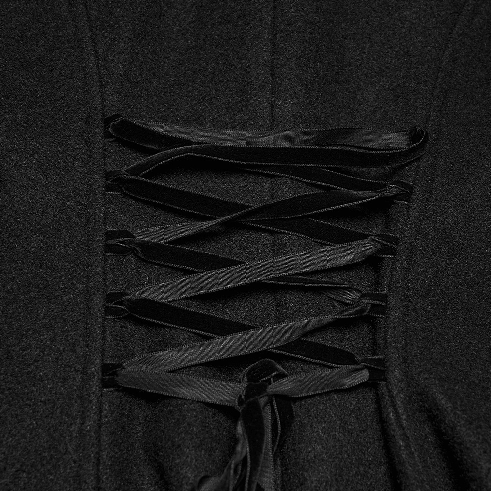 Elegant Gothic Coat with Fur Hood and Lace-Up Back featuring intricate lace-up details.
