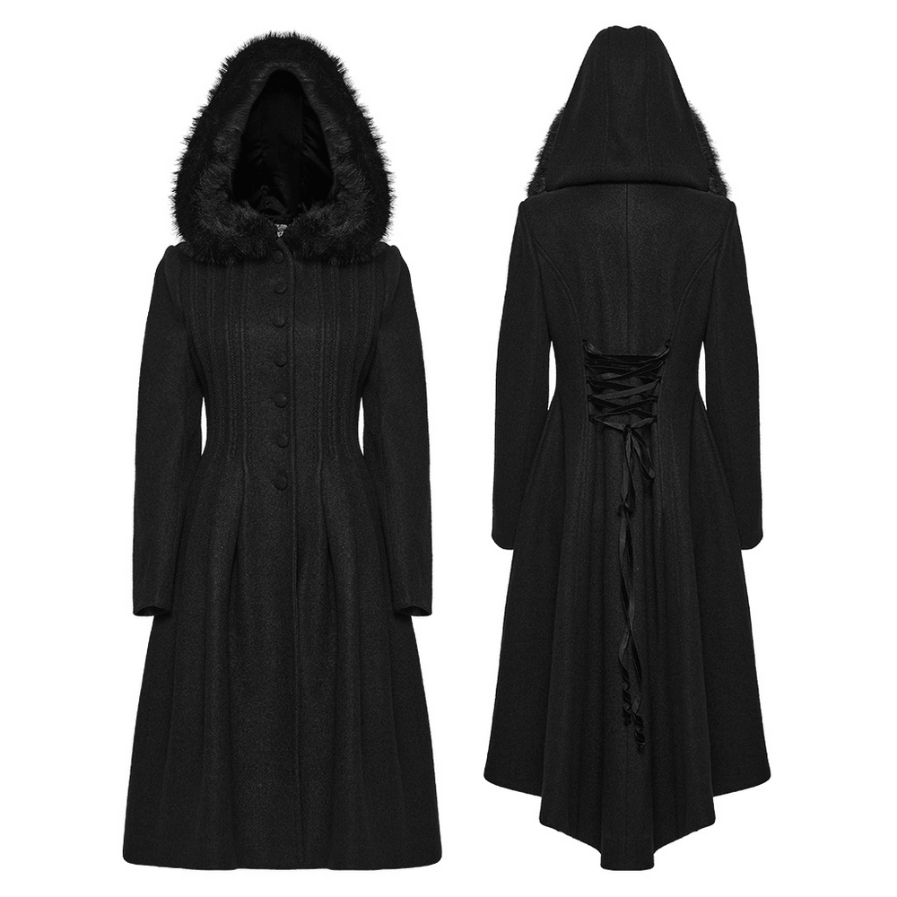 Elegant Gothic Coat with Fur Hood and Lace-Up Back displayed from front and back views.