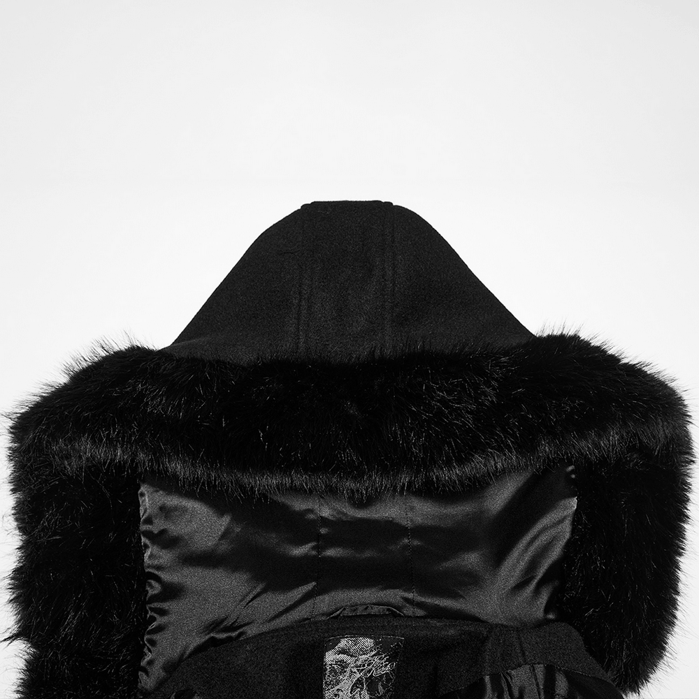 Elegant Gothic Coat with Fur Hood and Lace-Up Back top view showcasing the luxurious fur-lined hood.