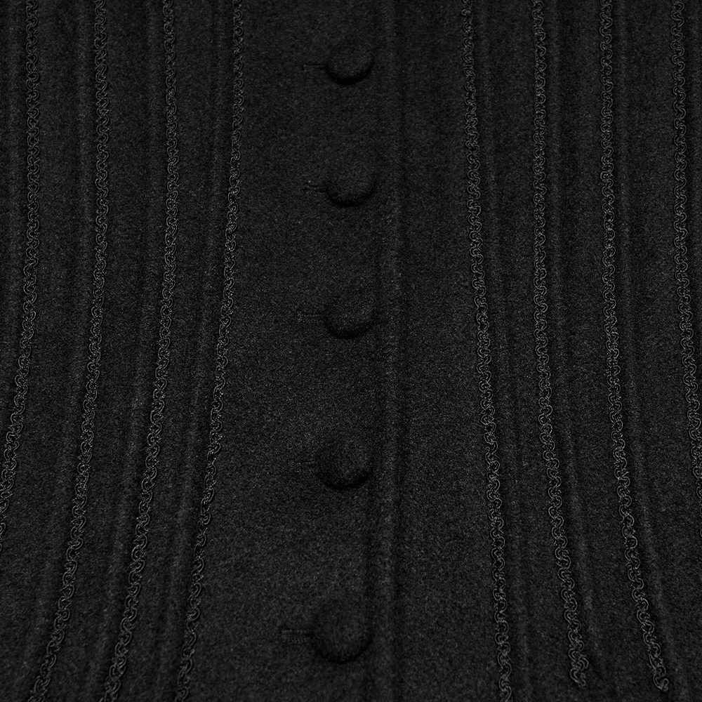 Elegant Gothic Coat with Fur Hood and Lace-Up Back features textured fabric and intricate lace details.