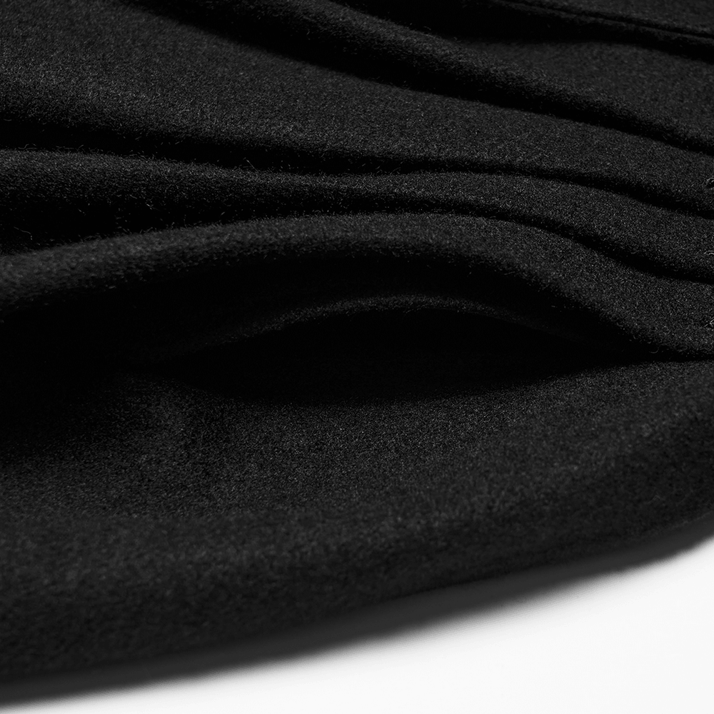 Elegant Gothic Coat with Fur Hood and Lace-Up Back fabric detail showing soft black texture.