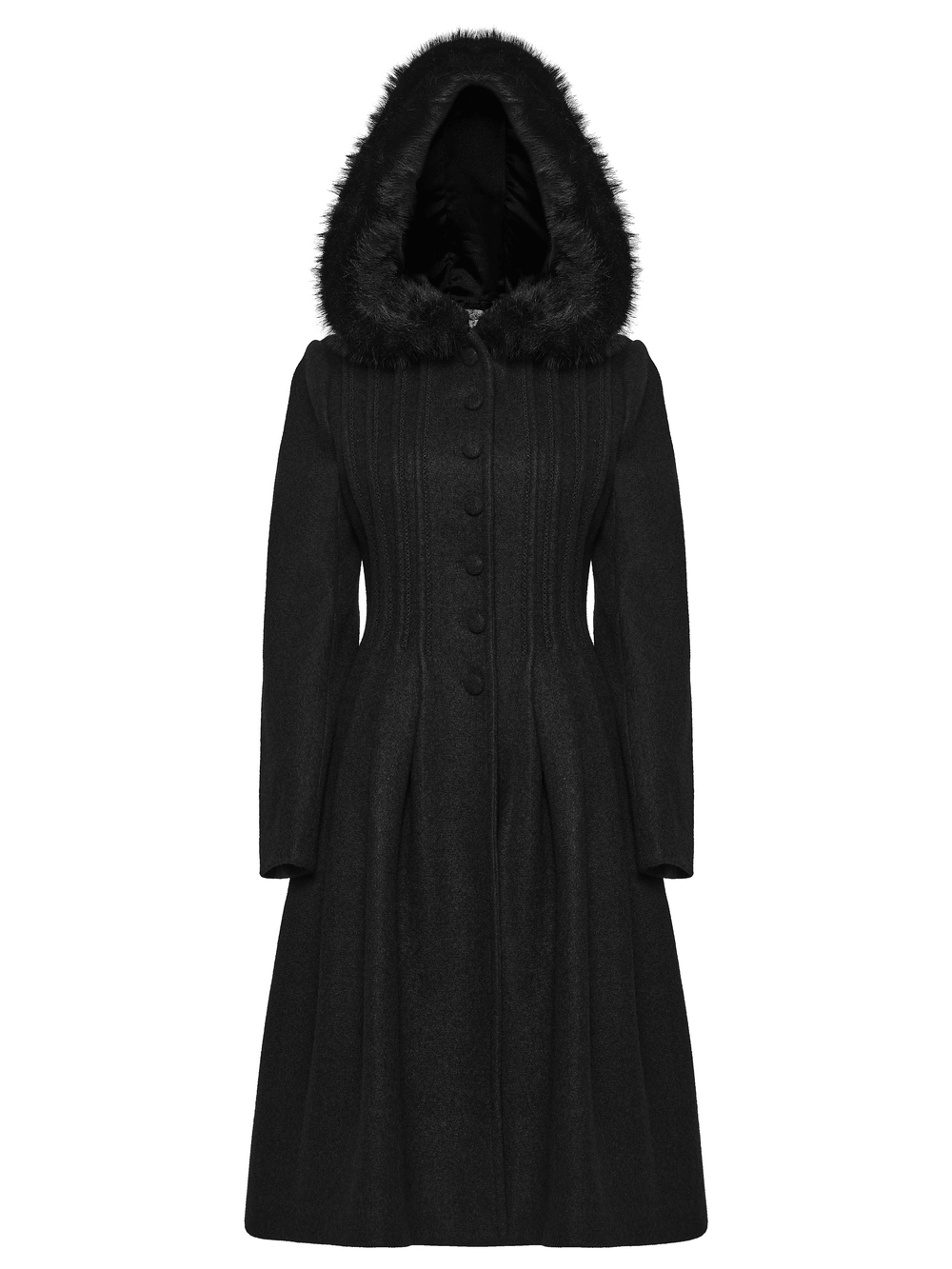 Elegant Gothic Coat with Fur Hood and Lace-Up Back, featuring a stylish design and elegant silhouette.