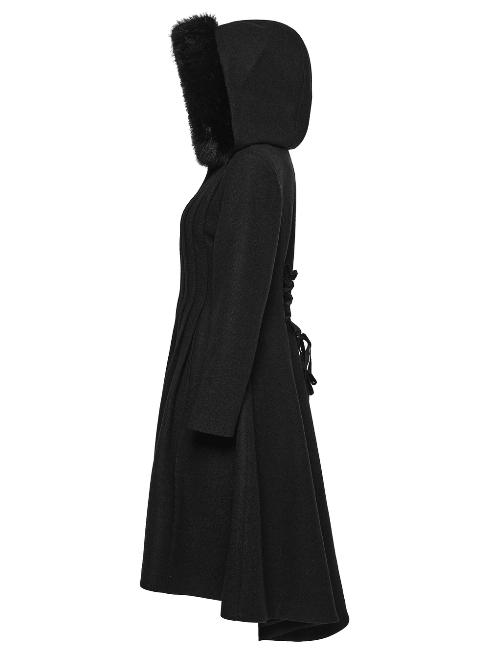 Elegant Gothic Coat with Fur Hood and Lace-Up Back, showcasing its elegant design and stylish fur details.