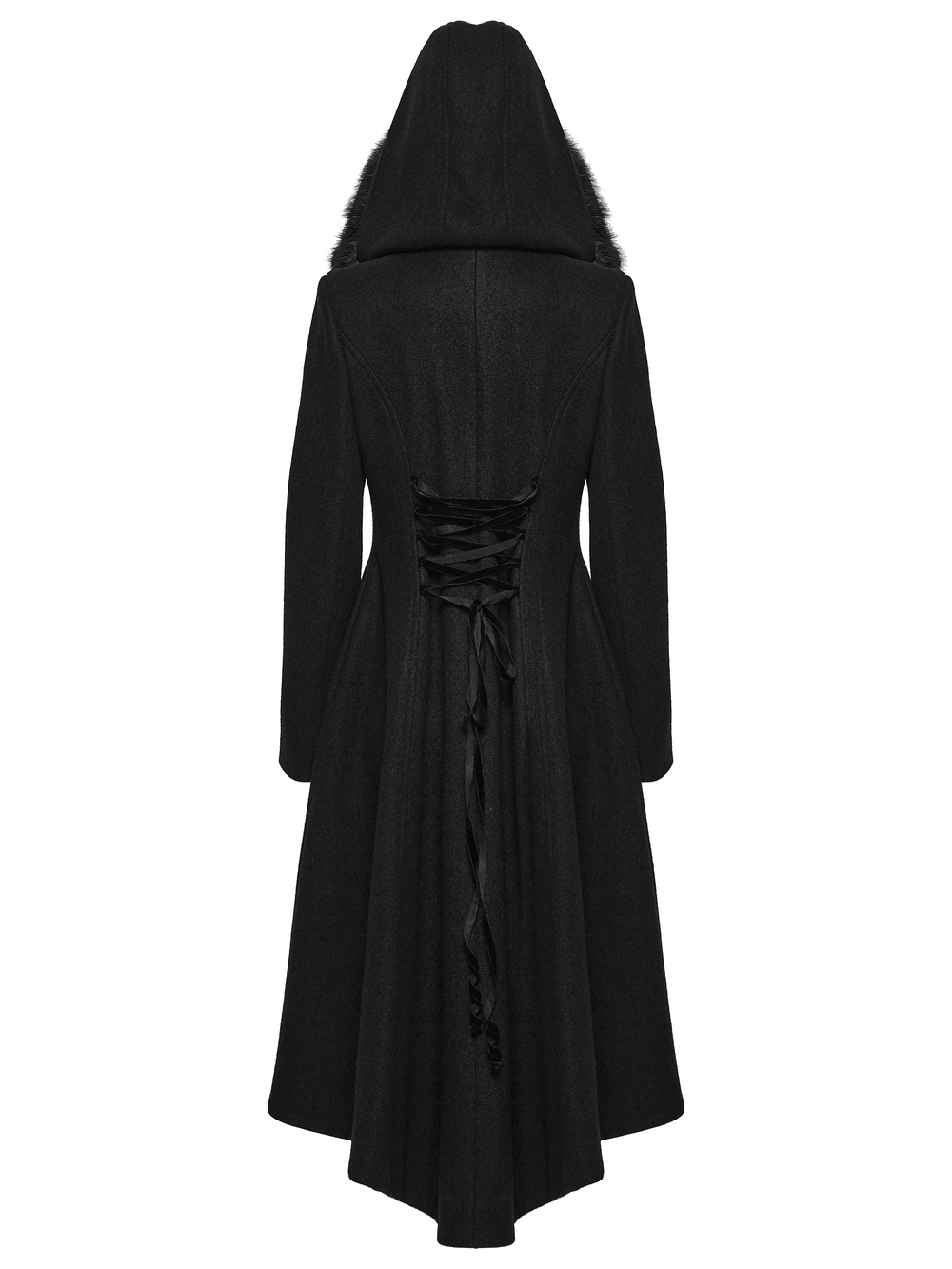 Elegant Gothic Coat with Fur Hood and Lace-Up Back, showcasing the back view with a stylish lace-up design.