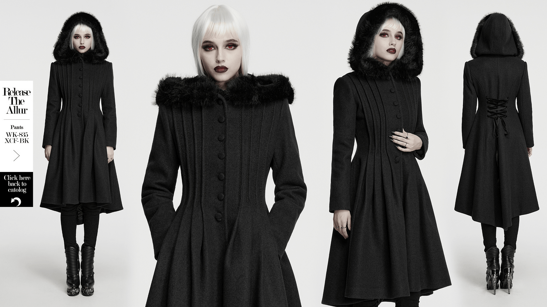 Elegant Gothic Coat with Fur Hood and Lace-Up Back displayed on a model against a minimalist background.