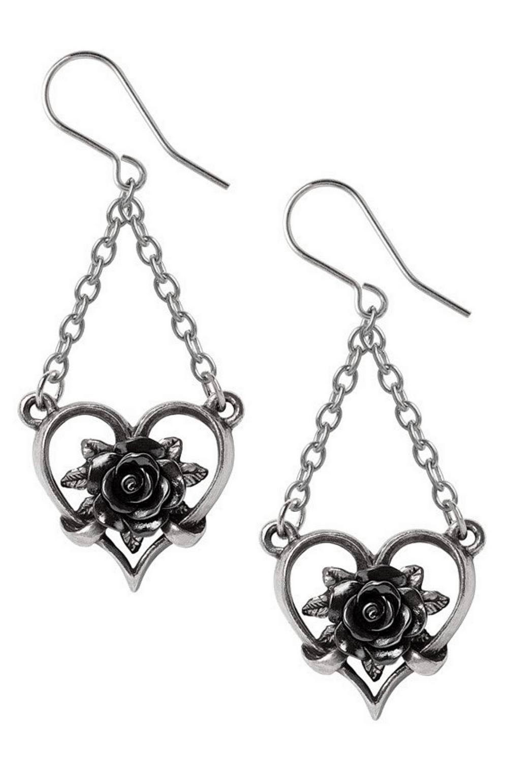 Gothic black rose heart earrings with polished frames and delicate chains, a perfect symbol of dark beauty.