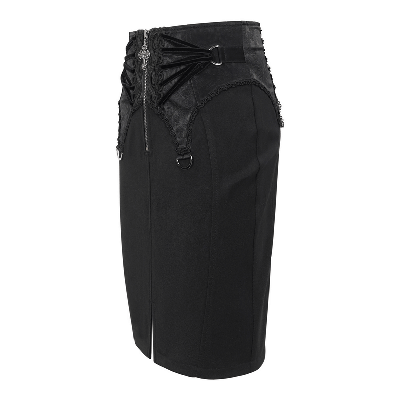 Elegant gothic embroidered short skirt with front slit and lace-up back, perfect for alternative fashion lovers.