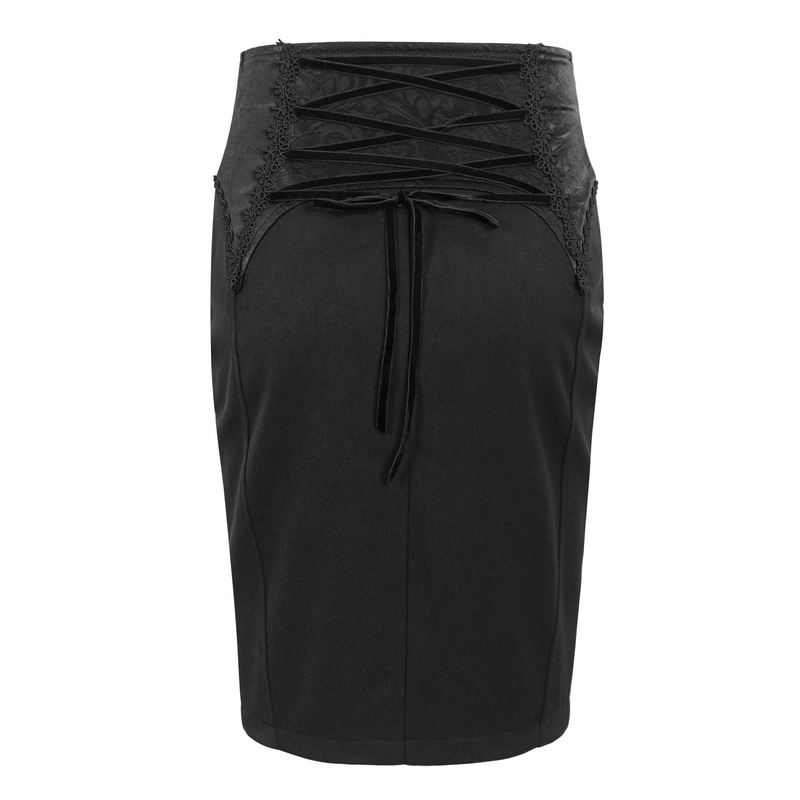 Elegant gothic embroidered short skirt with front slit and lace-up back detail, perfect for alternative fashion lovers.