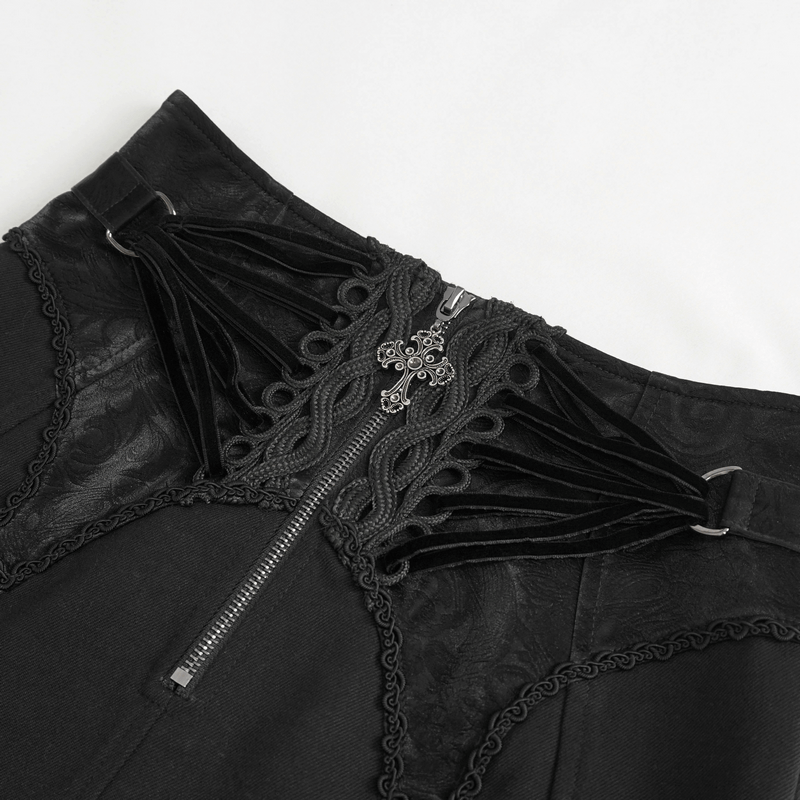 Close-up of the lace-up back design with intricate embroidery on a gothic skirt, featuring a zipper and velvet accents.