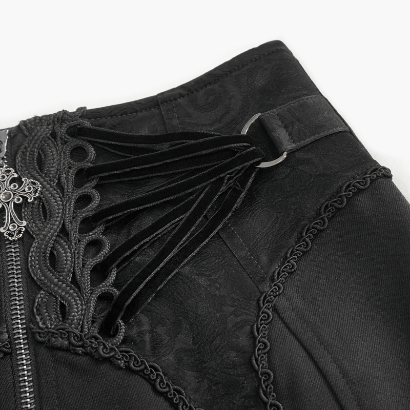 Close-up of the elegant gothic embroidered skirt featuring intricate lace-up details and a stylish zipper.