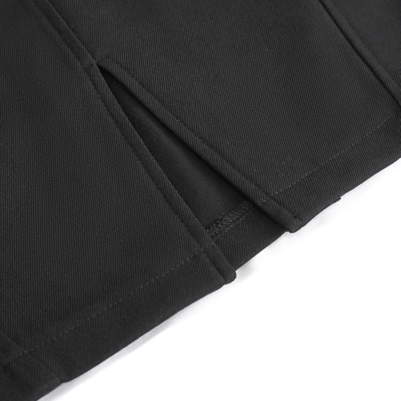 Close-up of the elegant gothic short skirt showcasing the sultry front slit and detailed stitching.
