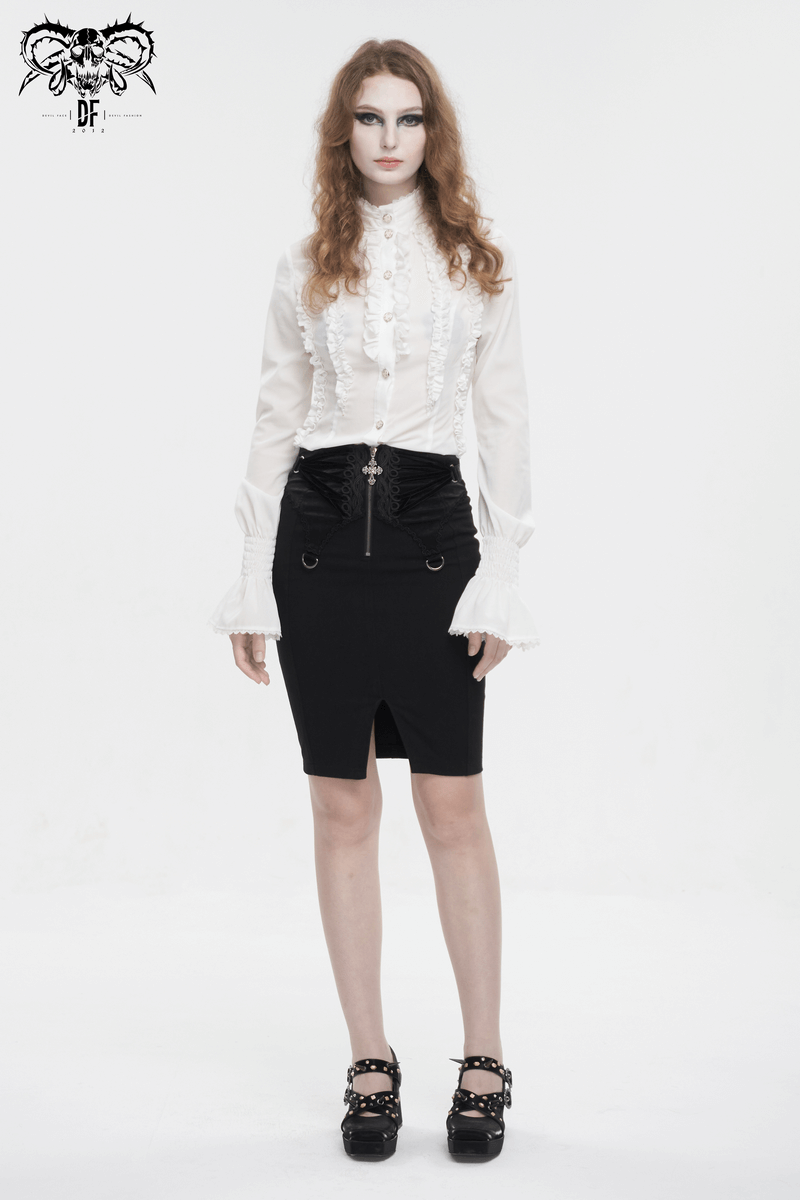 Gothic style model in a white ruffled blouse and black embroidered skirt with a front slit, showcasing alternative fashion.